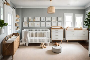 a gender-neutral nursery with a changing table that hides storage for diapers and baby essentials - obrazy, fototapety, plakaty