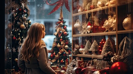 Fototapeta na wymiar Little girl looking out of Christmas toy shop window