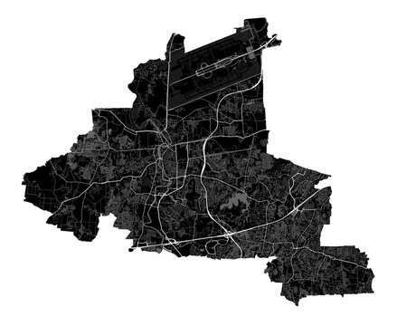 Tangerang map. Detailed black map of Tangerang city poster with roads. Cityscape urban vector. Black land with white roads and avenues.