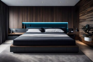 a minimalist bachelor pad with a wall-mounted bed that reveals hidden storage compartments