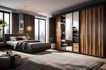 a stylish urban bedroom with a sliding wardrobe that reveals ample hidden storage space