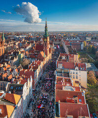 Aerial view of Main town in Gdansk during independence day celebrations in Poland at November 11. - obrazy, fototapety, plakaty
