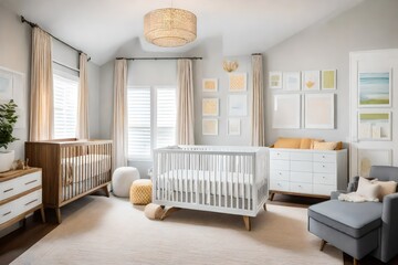 a gender-neutral nursery with a convertible crib and hidden storage for baby essentials - obrazy, fototapety, plakaty