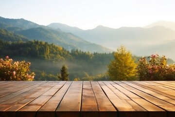 Naklejka na ściany i meble Wooden table terrace with Morning fresh atmosphere nature landscape. generative ai.