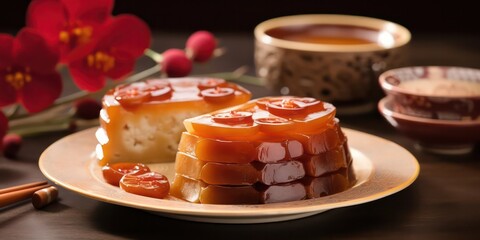 Chinese New Year Cake Nian gao, a sticky rice cake, is a common Chinese New Year delicacy symbolizing growth, progress, and the promise of a better year. - obrazy, fototapety, plakaty
