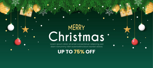Fototapeta na wymiar Merry christmas sale banner template with docoraction pine tree leaves