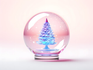 Christmas crystal glass snow globe with tree inside in pink and blue background. 3d render.