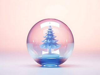 Christmas crystal glass snow globe with tree inside in pink and blue background. 3d render.