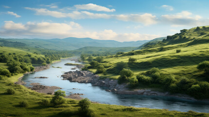 Fototapeta na wymiar a painting of a landscape with rolling hills and a river