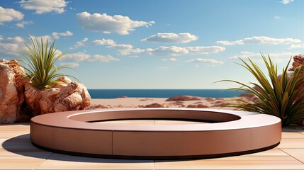 Fototapeta premium Minimalist luxury podium on a cliffside with a serene ocean view, under a clear sky with fluffy clouds.