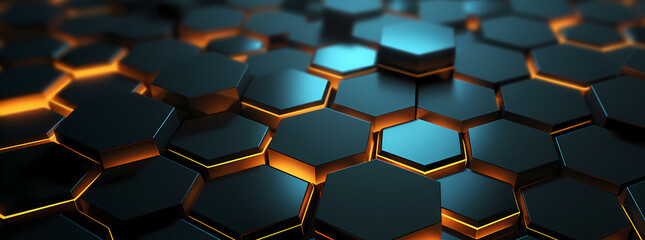 abstract black and orange hexagonal abstract wallpaper, in the style of gold and cyan, light-focused