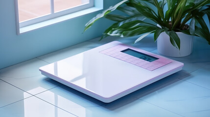 Floor scales on the floor of the room interior. Close-up of modern scales. Creative concept of goods for weight control and weight loss. 