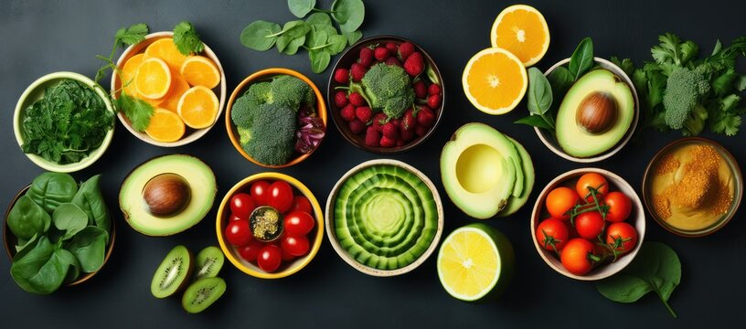 Various Types Of Fruits And Vegetables In Bowls