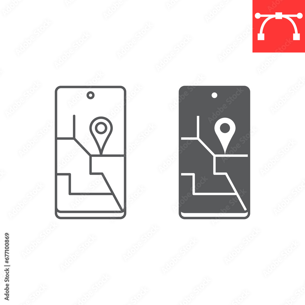 Poster gps app line and glyph icon, navigation and smartphone, tracking app vector icon, vector graphics, e