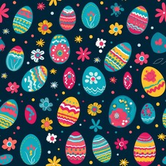 seamless pattern with cute whimsical colorful vibrant drawings of easter theme: plants and painted eggs, on dark blue background