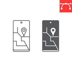Gps app line and glyph icon, navigation and smartphone, tracking app vector icon, vector graphics, editable stroke outline sign, eps 10.