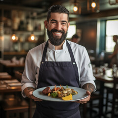 A bearded hispanic chef presenting a gourmet dish with a proud smile in a professional kitchen.