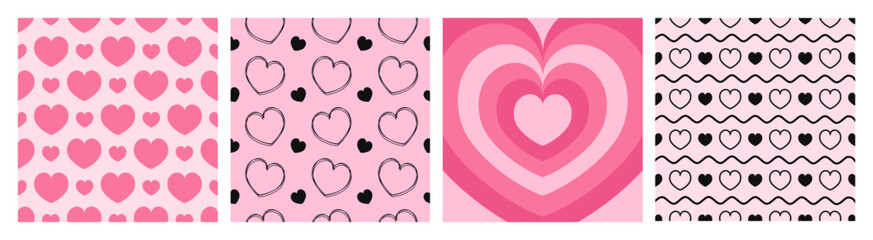 Pink romantic backgrounds with hearts, seamless patterns and single frame, retro Valentine's Day cards, decorations, vector illustration.