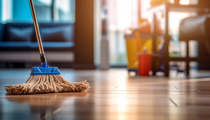 Cleaning supplies. Plastic bucket and mop in house,apartment or office. Set for cleaning. Household cleaning products. Cleaning products in a bucket