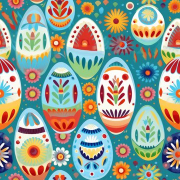 seamless pattern with cute whimsical colorful vibrant drawings of easter theme: plants and painted eggs, on blue background