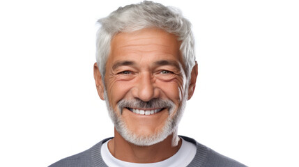 Senior man with a charming smile and salt-and-pepper hair, isolated on white - obrazy, fototapety, plakaty