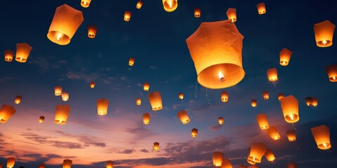 Flying Chinese lanterns, also known as sky lanterns are traditional symbols of celebration and good luck in many Asian cultures. 