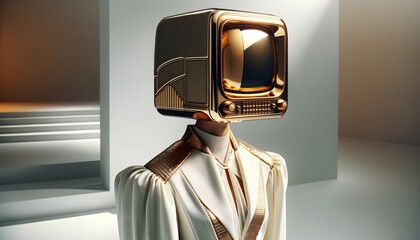 A high-fashion female model with a television for a head, Tv head, Modern living