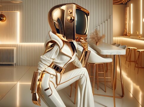 A high-fashion female model with a television for a head, Tv head, Modern living - Powered by Adobe