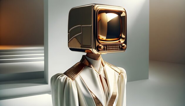 A high-fashion female model with a television for a head, Tv head, Modern living - Powered by Adobe