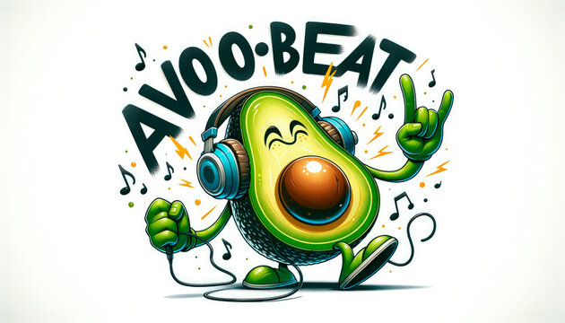 The Avo-Beat Groove image
An avocado character wearing stylish headphones, lost in the rhythm, jamming to music with the words 'Avo-Beat' written in a funky, dynamic font besid.