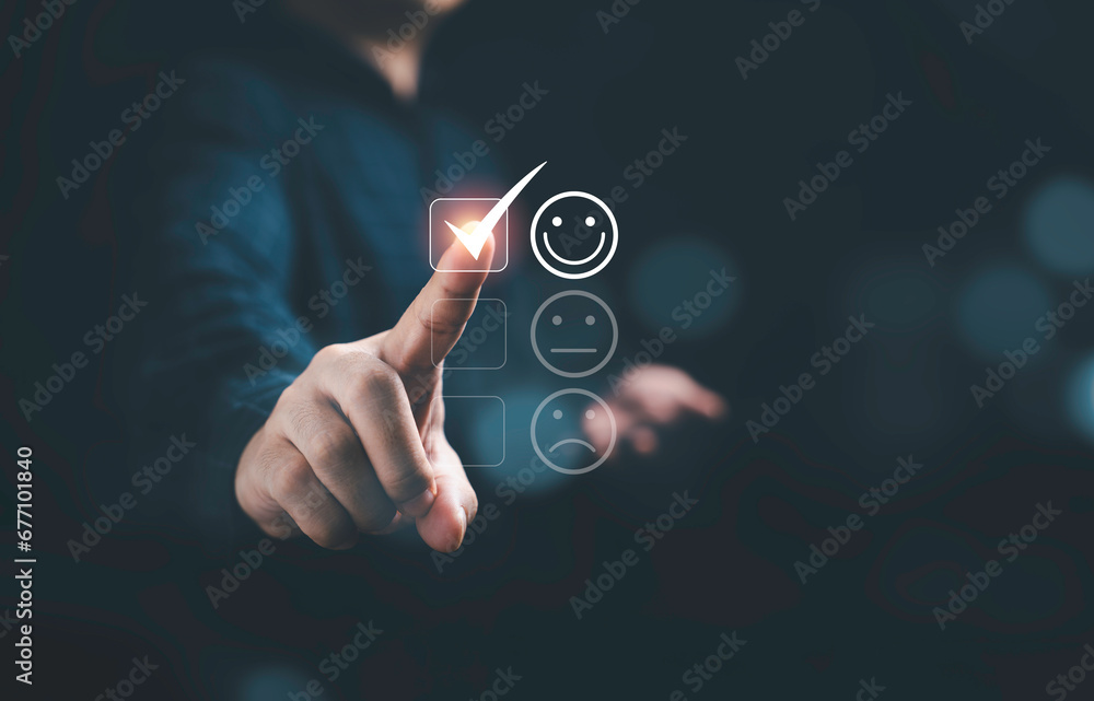 Poster Businessman touching to select smile icon for excellent survey from customer evaluation after use product and service concept.