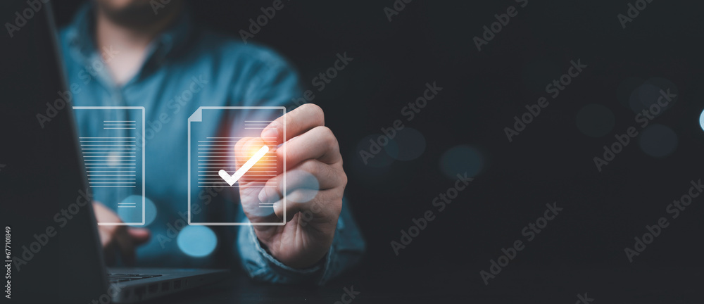 Poster businessman using electronic pen to tick correct sign mark in online document checklist for quality 