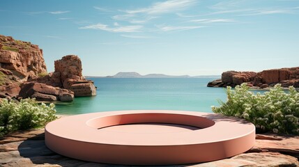 Minimalist luxury podium on a cliffside with a serene ocean view, under a clear sky with fluffy clouds.