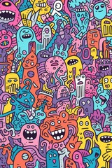 Illustration of colorful doodle crowd cute alien and monster Created with Generative AI technology.