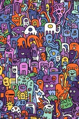 Obraz premium Illustration of colorful doodle crowd cute alien and monster Created with Generative AI technology.