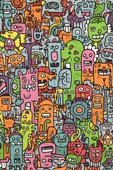 Fototapeta premium Illustration of colorful doodle crowd cute alien and monster Created with Generative AI technology.