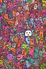 Illustration of colorful doodle crowd cute alien and monster Created with Generative AI technology.