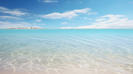 Fototapeta na wymiar A panoramic view of a serene beach with white sand and crystal clear water