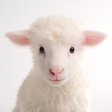 Cute white sheep isolated on light background.