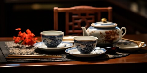 Fototapeta premium Traditional Chinese Tableware The use of traditional Chinese plates, teacups, and chopsticks.