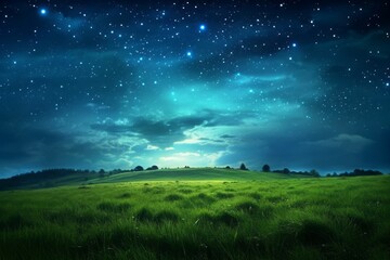 Green meadow and tree on hills at stars night sky background Created with Generative AI technology.