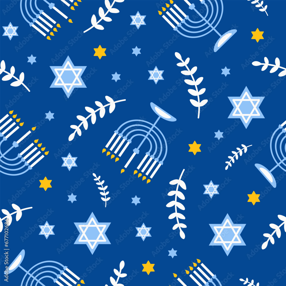 Poster happy hanukkah seamless pattern with creative symbols on blue background. modern festive design for 