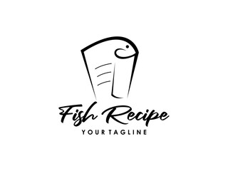 Seafood recipe book logo with fish paper illustration vector