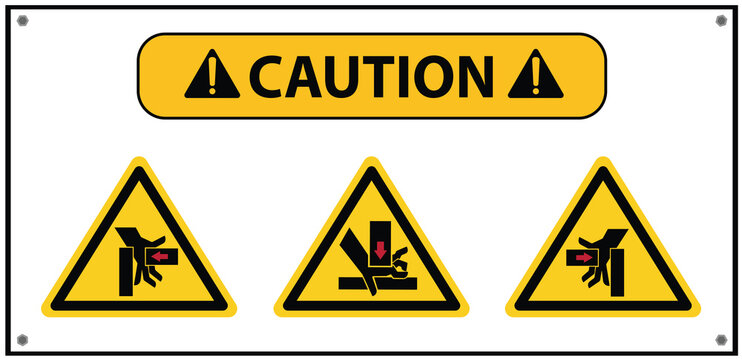 Sign warning of hands being pressed against from machines.