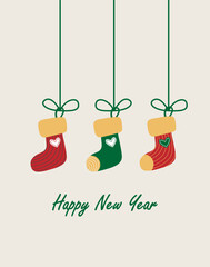 Christmas card with hanging colored socks on bows. Universal template for a Christmas banner, background with space for text on a beige background. Happy New Year