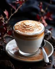 Coffee with foam on dark background. Breakfast, relax and drink concept.