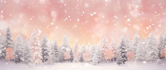 Fototapeta na wymiar Winter and christmas forest landscape with snow falling and bokeh lights in a red tone. Abstract winter background.