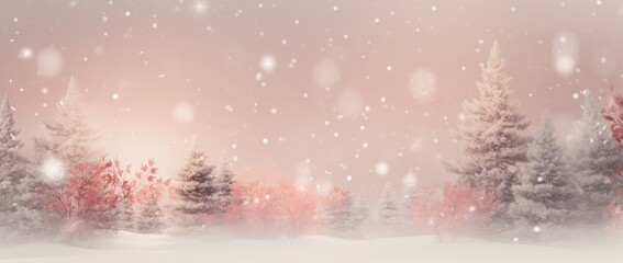 Fototapeta na wymiar Winter and christmas forest landscape with snow falling and bokeh lights in a red tone. Abstract winter background.