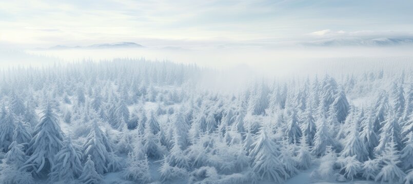 Panoramic view of an icy and snowy forest landscape in winter.