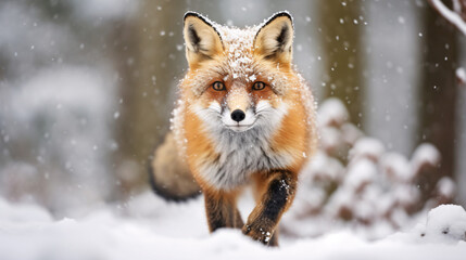 Fototapeta premium Winter Fox Wildlife Scene in Snowy Forest